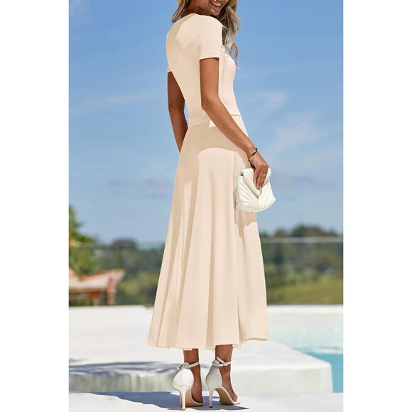 Women’s 2 Piece Knit Skirt Set Summer Crop Top Maxi Skirts Travel Casual - Picture 3 of 8